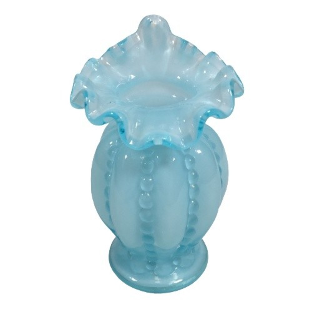 Vtg Fenton Beaded Blue Glass Ruffled Overlay Tulip Jack in the Pulpit Melon Vase